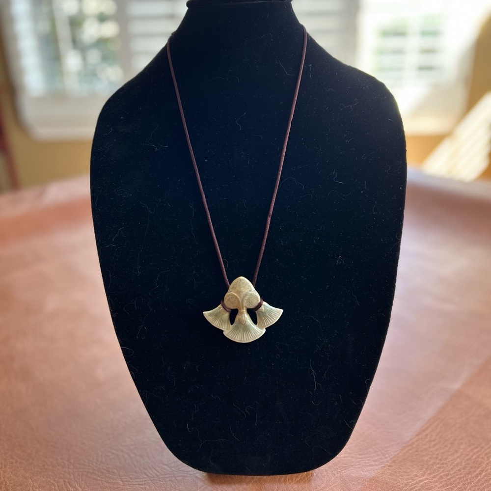 Lladro Gold-Tone Ginkgo Leaf Pendant Necklace on Brown Cord